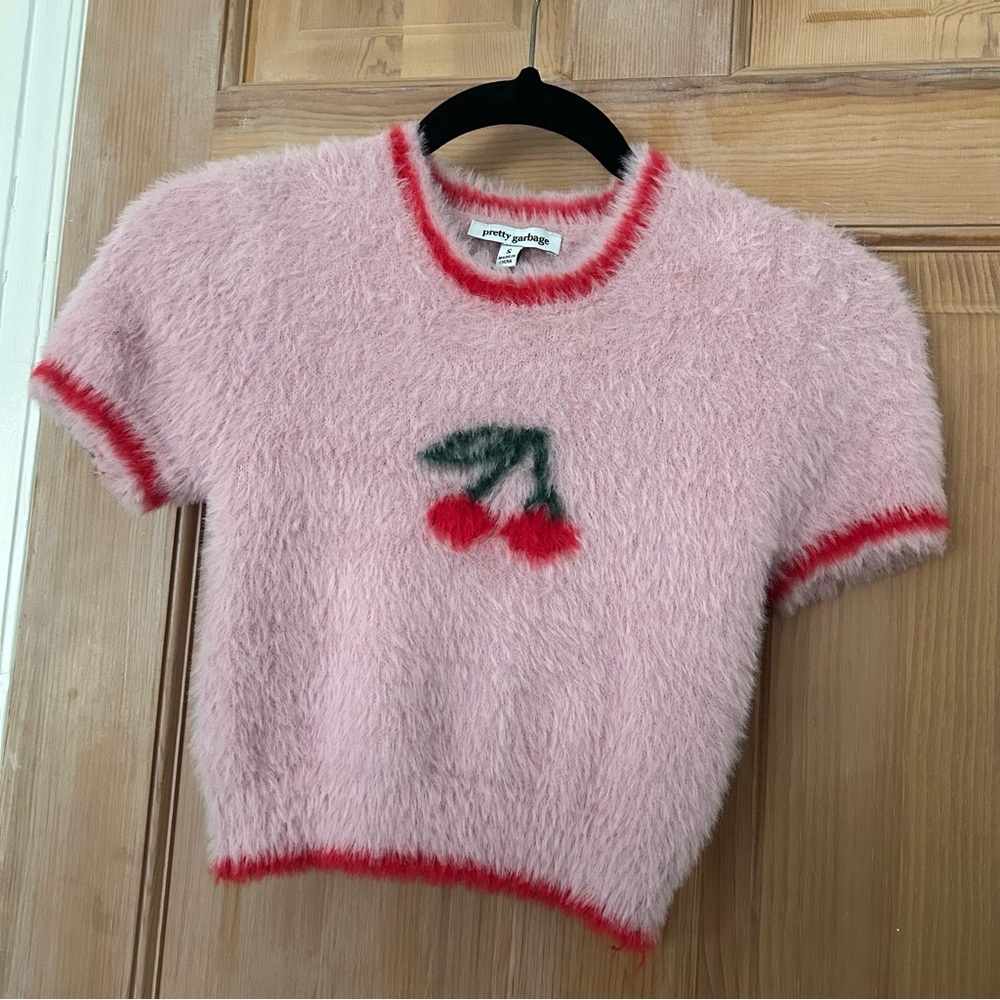 Pink Fuzzy Cropped Cherry Sweater with Red Trim by Pretty Garbage Size Small